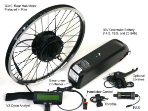 Ready to Roll Kit based on Rear G310 Motor, Downtube Battery with Baserunner Controller, CA3 with PAS Options etc.