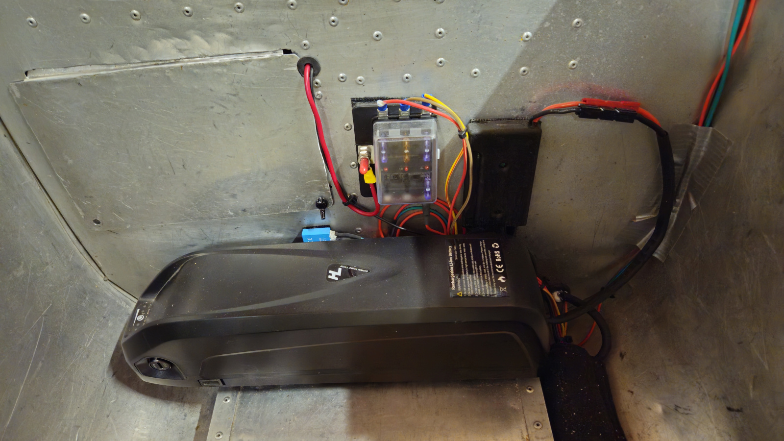 52V and 12V Lithium ion batteries, 12V power distribution and motor controller.