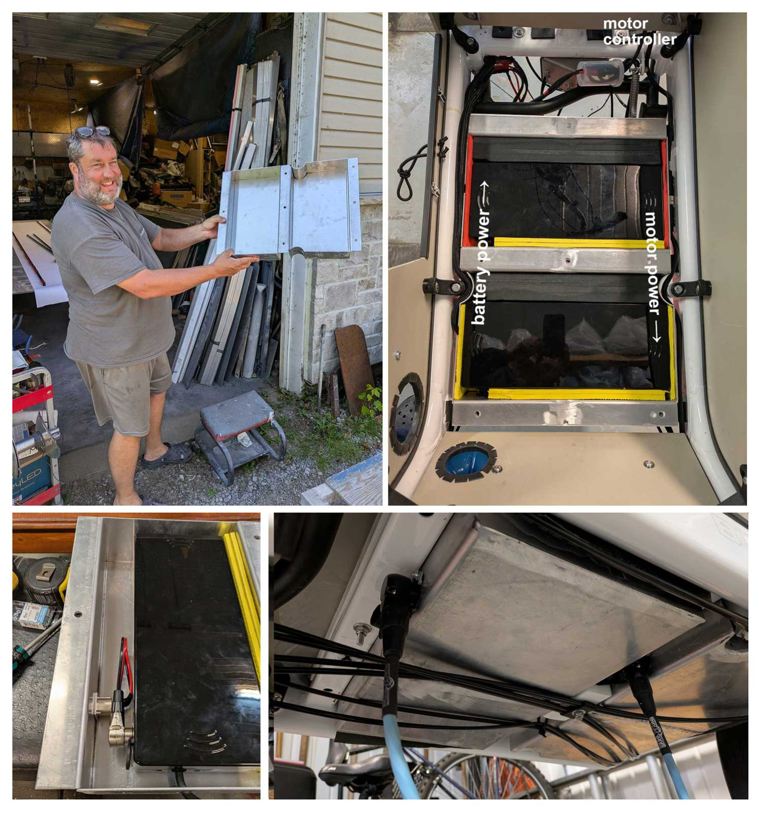 I'm very lucky to have a good friend who's a sheet metal wizard. He fabb'ed up this great set of trays that hold two big flat-pack 36v batteries.