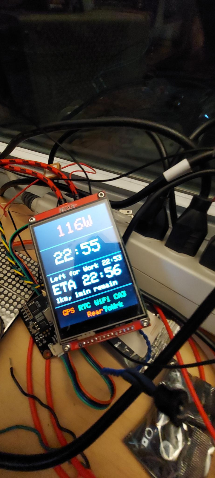 Talks to CA3 to track commute progress. Estimates time of arrival based on speed traveling, displays current time & HW. Has a few driver stages for LED light strips to improve visibility at night. Interfaces via UART to CA3, internet/NTP and GPS.
Based on an ESP32 with custom board. Still need to print an enclosure and mount to bike.