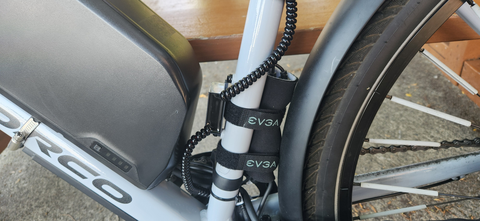 EVGA straps for personality! I have 2 USB A ports available, one is wired directly to the charging base of the dash cam on the handlebars.