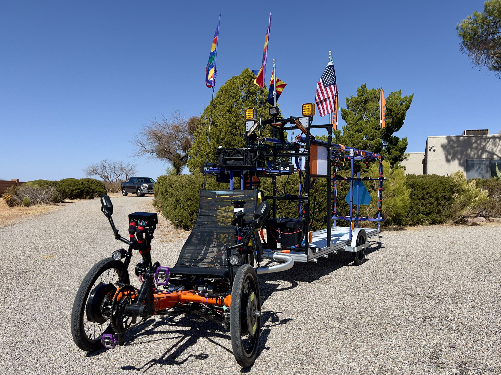 Note the dual Grin All-Axle Hub Motors. Cycle Analyst is on the driver's left. Switches for turning signals and flashers are on the right. Also has dual headlights.
