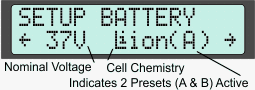 Battery Configuration Setup Menu. Preview line shows nominal pack voltage and chemistry