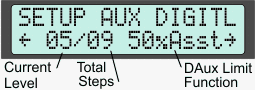 Digital Aux preview line shows a live readout of the DAux button with a preview of the total number of steps from min to max, and an indication of what parameter is being adjusted