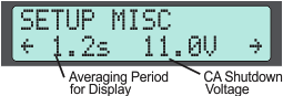 Miscellaneous category includes display average time, shutdown voltage, and the ability to save and restore default settings. 