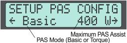 PAS Configuration. Preview line shows whether a torque or basic PAS assist mode is active and the maximum assist level (in Watts, Throttle Output, or Human Power Scale Factor)