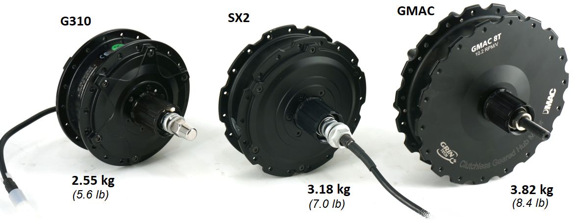 Size and weight comparison of the G310 vs SX2 vs GMAC rear hub motors