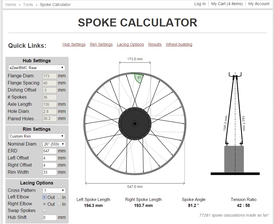 Ebike Spoke Calculator with Side and Edge View Drawings